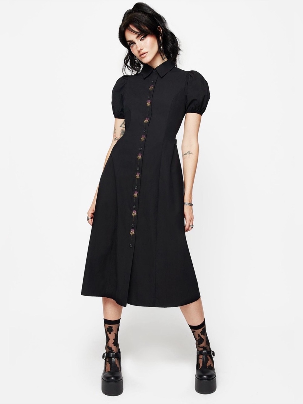 NWT Disturbia despair cotton floral embroidered button up midaxi dress US 10